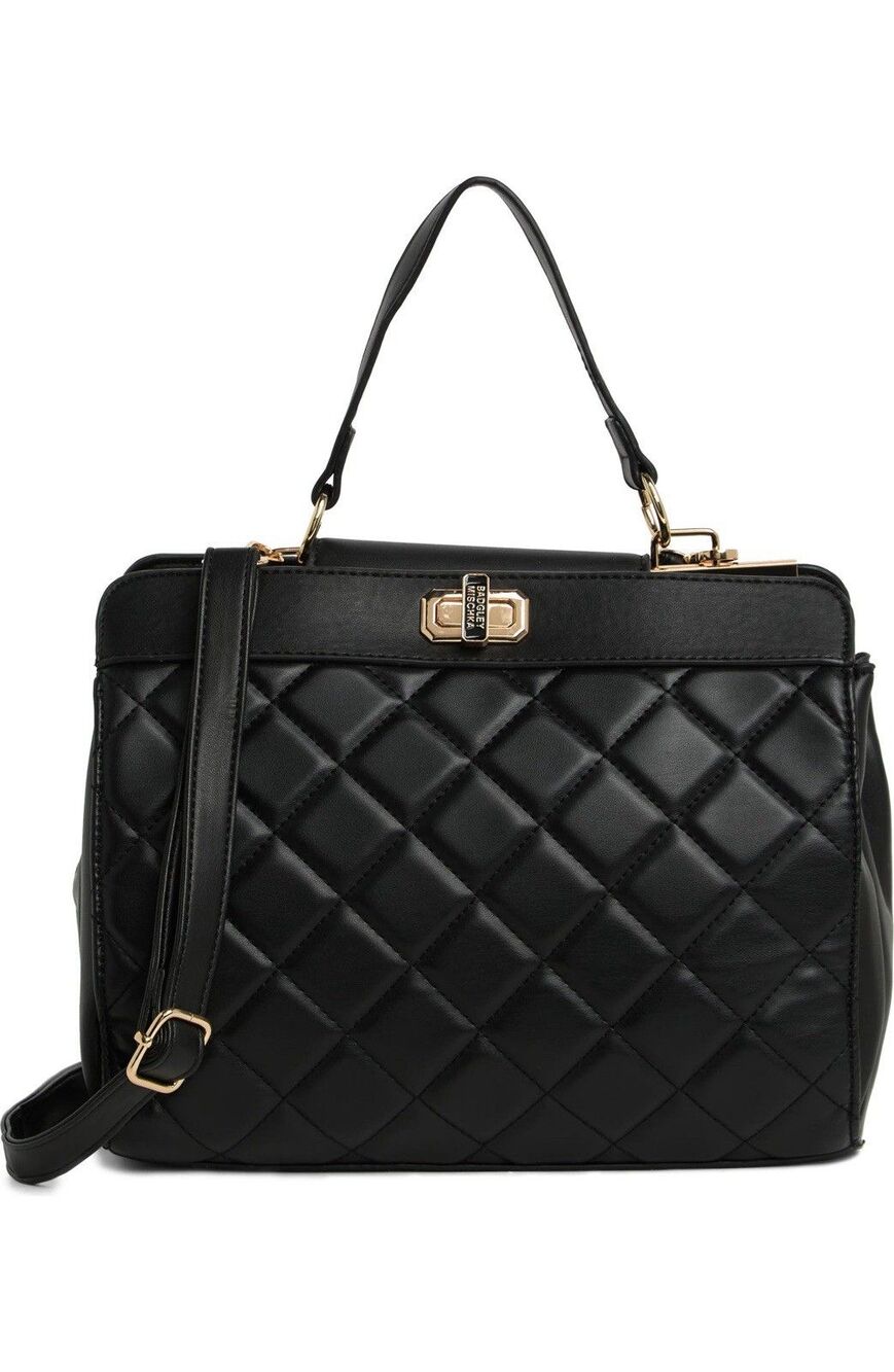 Badgley Mischka Tote Bag Black Textile Puffy Diamond Quilted Pockets Women’s NWT